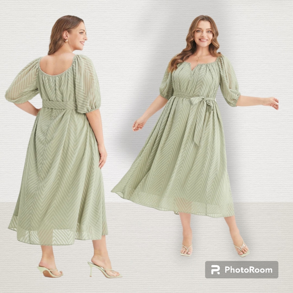 🛑Plus Size Women Elegance Plain Sage Pocket Lantern Sleeve dress